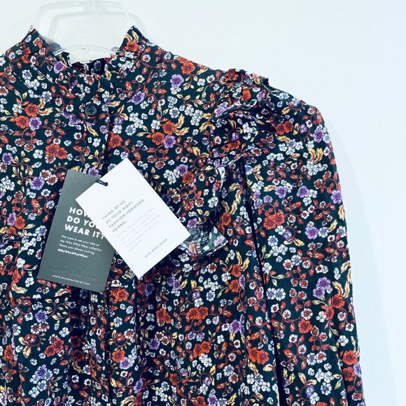 Who What Wear Womens Top Medium Blouse Floral Long Sleeve Button Down Ruffle New - Picture 2 of 13